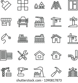 thin line vector icon set - house vector, crane, tower, dwelling, concrete mixer, window, small tools, cordless drill, ladder, siphon, city block, tile, putty knife, hammer with claw, kiosk, factory