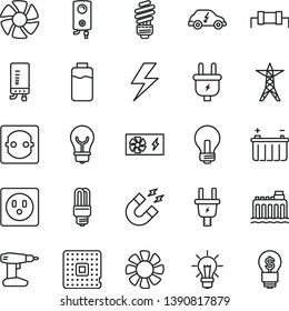 thin line vector icon set - lightning vector, incandescent lamp, drill, saving light bulb, boiler, electronic, charge level, battery, hydroelectricity, power line, plug, electric, socket, mercury