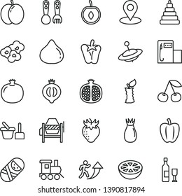 thin line vector icon set - stacking toy vector, tumbler, sand set, plastic fork spoons, baby train, yule, concrete mixer, peper, popcorn, cherry, apple, pomegranate, half, strawberry, rose hip, fig