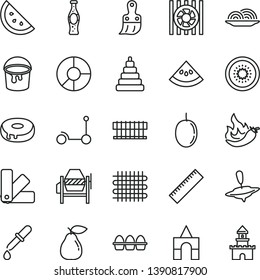 thin line vector icon set - yardstick vector, stacking toy, small yule, box of bricks, Kick scooter, concrete mixer, paint bucket, color samples, plastic brush, bundle eggs, onion, cake with a hole