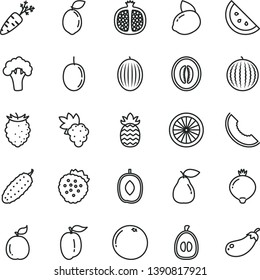 thin line vector icon set - cucumber vector, strawberries, orange slice, half pomegranate, grape, pear, medlar, tasty raspberry, melon, water, of, delicious plum, loquat, ripe, passion fruit, guava
