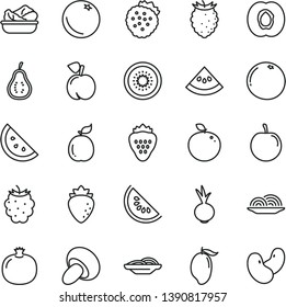 thin line vector icon set - onion vector, slices of, porcini, lettuce in a plate, beet, strawberry, strawberries, orange slice, peach, half apricot, pomegranate, raspberry, blackberry, tasty, mango