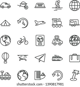 thin line vector icon set - sign of the planet vector, paper airplane, motor vehicle present, baby toy train, garden trolley, earth, retro car, history, lunar rover, plane, camper, taxi, air balloon