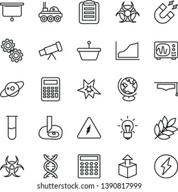 thin line vector icon set - unpacking vector, pan, test tube, telescope, electricity, dna, bulb, gears, biohazard, globe, oscilloscope, magnet, graduate hat, clipboard, calculator, growth graph