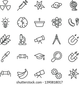 thin line vector icon set - bananas vector, pan, microscope, telescope, atom, nuclear, zoom, bulb, brain, gears, bactery, pipette, globe, magnet, graduate hat, drawing compass, saturn, biology, bang