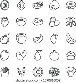 thin line vector icon set - fried vegetables on sticks vector, muffin, cake with a hole, bacon, piece of meat, French fries, egg, ripe peach, pomegranate, strawberry, half medlar, blueberries, mango