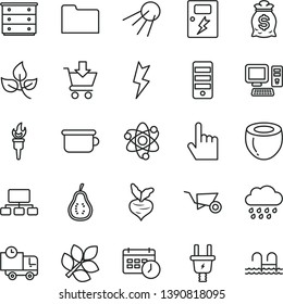 thin line vector icon set - chest of drawers vector, rainy cloud, children's potty, building trolley, lightning, dangers, index finger, put in cart, delivery, artificial satellite, half coconut