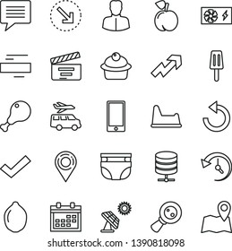 thin line vector icon set - image of thought vector, calendar, growth up, minus, check mark, counterclockwise, movie cracker, nappy, potty chair, smartphone, big data server, right bottom arrow, map