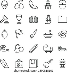 thin line vector icon set - graphite pencil vector, hammer of a judge, brick wall, arm saw, measuring tape, plastic brush, key, hedge, knife, flag, bag with handles, delivery, popcorn, glass, mouse