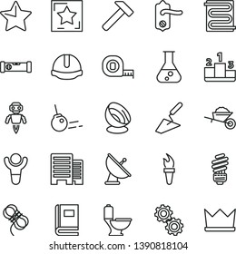 thin line vector icon set - garden trolley vector, trowel, measuring tape, toilet, saving light bulb, door knob, construction level, buildings, helmet, hawser, heating coil, hammer, core, star, book