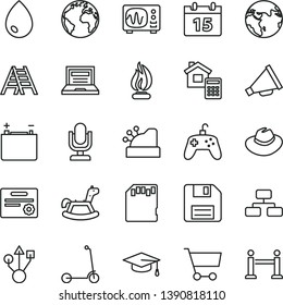 thin line vector icon set - sign of the planet vector, desktop microphone, floppy disk, laptop, hat, horn, rocking horse, child Kick scooter, ladder, estimate, calendar, drop, flowchart, accumulator