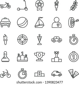 thin line vector icon set - stopwatch vector, bath ball, motor vehicle, child Kick scooter, car, pedestal, retro, flame torch, laurel branch, winner podium, prize, pawn, man with medal, pennant, aim