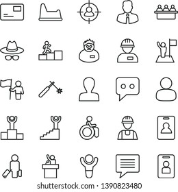 thin line vector icon set - image of thought vector, woman, hat with glasses, potty chair, builder, workman, employee, pass card, welding, court hearing, man, in sight, think, scientist, winner