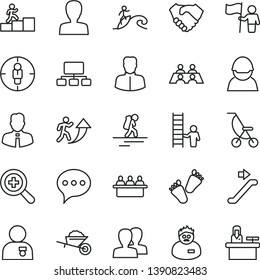 thin line vector icon set - zoom vector, woman, women, summer stroller, children's tracks, garden trolley, employee, speech, racer, court hearing, goal, scheme, hand shake, conversation, scientist