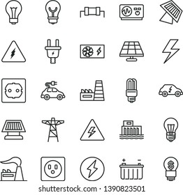 thin line vector icon set - lightning vector, danger of electricity, matte light bulb, power socket type f, solar panel, factory, battery, hydroelectric station, pole, electric plug, thermal plant