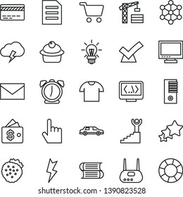 Thin Line Vector Icon Set - Monitor Vector, Envelope, Bank Card, Books, Tower Crane, Lightning, Alarm Clock, Index Finger, Storm Cloud, T Shirt, Muffin, Strawberries, Shopping Cart, Light Bulb, Pc