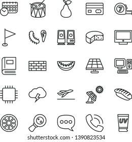 thin line vector icon set - pennant vector, drum, brickwork, long meashuring tape, storm cloud, screen, cheese, japanese sushi, pear, water melon slice, juicy lemon, solar panel, big, schedule, cpu