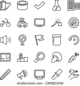 thin line vector icon set - prohibition vector, graphite pencil, check mark, camera roll, motor vehicle present, tricycle,  city block, star gear, flag, volume, canned goods, porcini