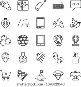 thin line vector icon set - open pin vector, child shoes, spatula, faucet mixer, crossed cart, sushi set, half of medlar, blueberries, hot pepper, location, planet, giftbox, think, tablet pc, flask
