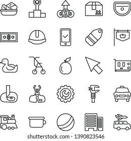 thin line vector icon set - sitting stroller vector, rubber duck, bath ball, children's potty, train, sink, buildings, construction helmet, gear, car, cardboard box, label, lettuce in a plate, guava
