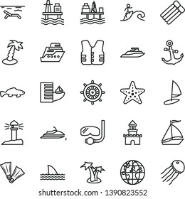 thin line vector icon set - anchor vector, small fish, sea port, commercial seaport, coastal lighthouse, planet, sand castle, sail boat, hotel, beach, palm tree, starfish, flippers, diving mask