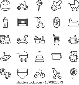 thin line vector icon set - baby cot vector, dummy, mug for feeding, bottle, diaper, bib, stroller, carriage, summer, sitting, stacking rings, roly poly doll, toy sand set, children's potty, chair