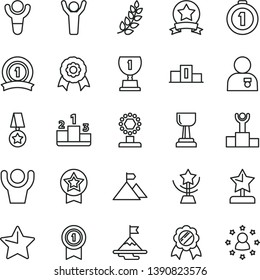 thin line vector icon set - star vector, pedestal, medal, winner, laurel branch, podium, award, cup, gold, reward, man hands up, with, motivation, mountain flag, first place, pennant, ribbon
