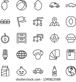 thin line vector icon set - book vector, toys over the cradle, cot, baby bath ball, motor vehicle, funny hairdo, sample of colour, map, flag, nightstand, package, bundle eggs, cake, small fish, lime