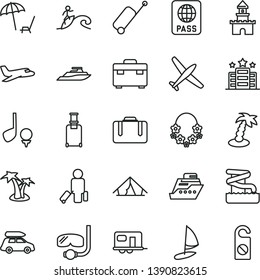 thin line vector icon set - suitcase vector, passport, sand castle, plane, car baggage, camper, passenger, rolling, case, tent, arnchair under umbrella, palm tree, hawaii wreath, aquapark, surfing