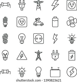 thin line vector icon set - lightning vector, danger of electricity, matte light bulb, saving, power socket type b, fan screw, charge level, charging battery, accumulator, line, pole, plug, electric