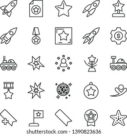 thin line vector icon set - add bookmark vector, star, rocket, lunar rover, bang, cup, reward, medal, flag, hero, certificate, dollar gear, stars around man, flying, disco ball, starfish