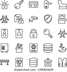 thin line vector icon set - Baby chair vector, key, door knob, road fence, lock, anchor, passport, big data, reverse side of a bank card, encrypting, biohazard, identity, security gate, surveillance