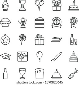 thin line vector icon set - tassel vector, colored air balloons, balloon, cake, birthday, gift, Easter, piece of, slice, lollipop, glass, bottle, giftbox, gold cup, star, graduate, medal, ribbon