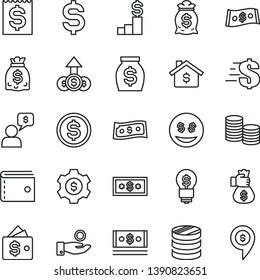 thin line vector icon set - purse vector, dollar, coins, column of, denomination the, financial item, catch a coin, money, dollars, cash, bag hand, mortgage, pedestal, gear, wallet, idea, eyes, pin