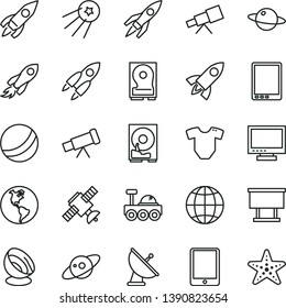 thin line vector icon set - monitor vector, t short, bath ball, earth, planet, billboard, rocket, space, tablet pc, hdd, telescope, satellite, antenna, saturn, lunar rover, first, starfish