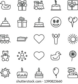 thin line vector icon set - heart symbol vector, rubber duck, baby duckling, teddy bear, toy train, children's, colored air balloons, balloon, cake, birthday, gift, slice, torte, lollipop, giftbox