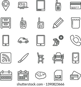 thin line vector icon set - tassel vector, calendar, bank card, rss feed, toy phone, mobile, a chair for feeding child, concrete mixer, smartphone, nightstand, piece of meat, jam, big solar panel