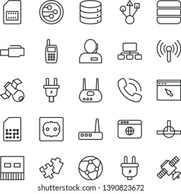 thin line vector icon set - Puzzle vector, power socket type f, big data, plug, electric, SIM card, scheme, dispatcher, phone call, mobile, usb, router, network, browser, connect, lan connector