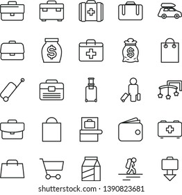 thin line vector icon set - briefcase vector, paper bag, first aid kit, toys over the cot, of a paramedic, medical, portfolio, suitcase, package, cart, wallet, money, hand, car baggage, backpacker
