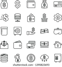 thin line vector icon set - purse vector, dollar, big data server, strongbox, cards, jam, front of the bank card, column coins, denomination, get a wage, wallet, money, dollars, cash, bag hand, rain