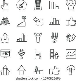 thin line vector icon set - upward direction vector, line chart, positive histogram, a chair for feeding, hook, winch, stepladder, ladder, left bottom arrow, index finger, thumb up, move, bar, man