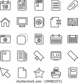 thin line vector icon set - monitor window vector, clip, add bookmark, book, home, calendar, star, notebook, address, delete page, copy, statistical report, scientific publication, wall, newspaper
