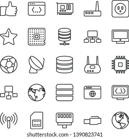 thin line vector icon set - power socket type b vector, star, thumb up, screen, big data server, processor, satellite dish, SIM card, scheme, hierarchical, cpu, pc, router, network, browser, coding