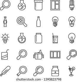 thin line vector icon set - incandescent lamp vector, zoom, measuring cup for feeding, mercury thermometer, e, window, frame, bulb, a glass of soda, bottle, jam, jar, round flask, light, magnifier