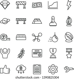thin line vector icon set - big core vector, cogwheel, long meashuring tape, brick, lightning, paving slab, road fence, traffic signal, molecule, flame, clipboard, growth graph, satellite antenna