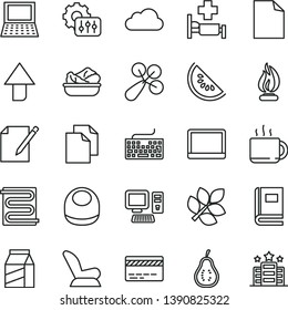 thin line vector icon set - upward direction vector, bank card, keyboard, clean sheet of paper, baby bib, rattle, car child seat, heating coil, notes, package, lettuce in a plate, cup tea, computer