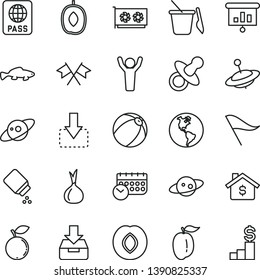 thin line vector icon set - wind direction indicator vector, dummy, baby powder, bath ball, children's sand set, yule, passport, put in a box, move down, small fish, plum, blueberry, delicious, ripe