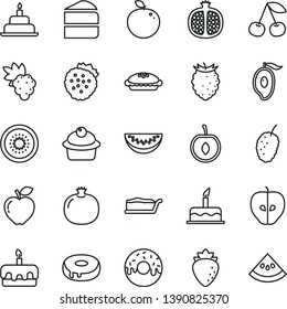 thin line vector icon set - cake vector, birthday, muffin, piece of, slice, torte, with a hole, glazed, pie, strawberries, cherry, pomegranate, half, grape, red apple, tasty, raspberry, mulberry