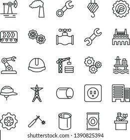 thin line vector icon set - tower crane vector, hook, gears, power socket type b, buildings, construction helmet, star gear, sea port, working oil derrick, valve, manufacture, line, conveyor, pipe