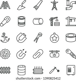 thin line vector icon set - clip vector, safety pin, crane, tower, trowel, adjustable wrench, hand saw, ladder, gear, stationery knife, new radiator, anchor, canned goods, tin, water pipes, barrel